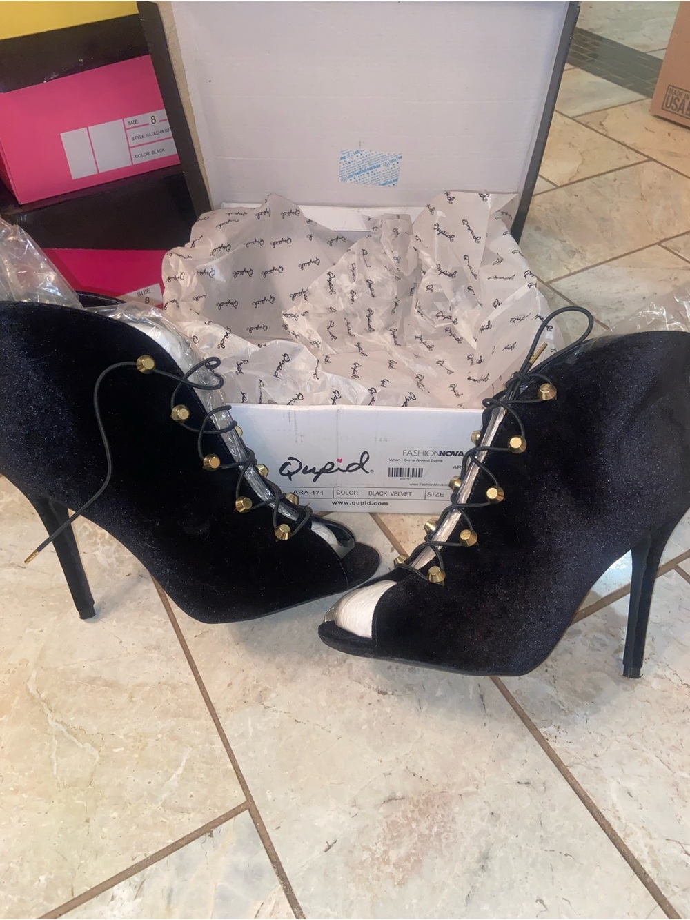 Qupid Black Velvet Lace-Up Peep-Toe Stiletto Heels